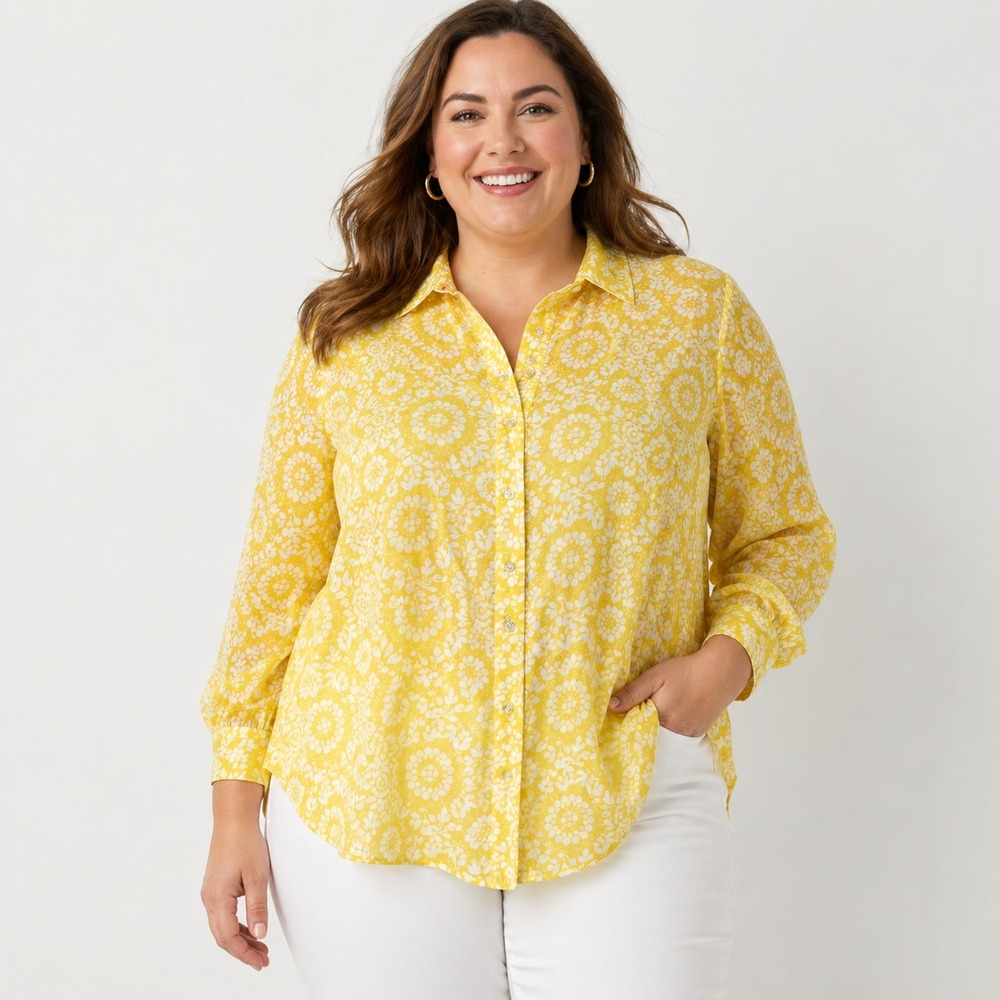 NWT Talbots Sheer Yellow White Print Button Blouse Plus Size 3Xp 3X Petite Top
